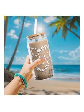 Unbranded Clear Glass Drinkware with Bamboo Lid and Straw One Size